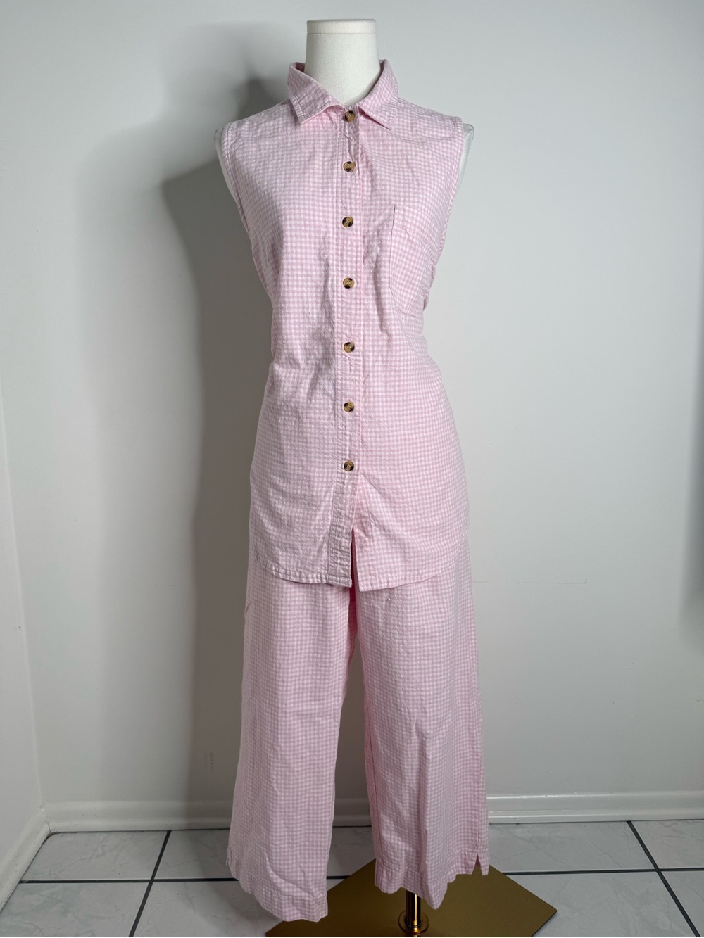 Stephanie Rogers Pink Gingham Sleeveless Button-Front Jumpsuit